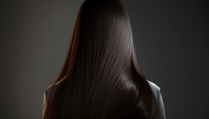 Back view healthy Long hair of beautiful brunette woman. Generation AI
