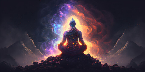 Astral yoga silhouette of human in cosmic space meditate. Practicing transcendental spiritual meditation. Generation AI
