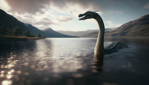 Loch Ness Monster Nessie in water lake. Generation AI