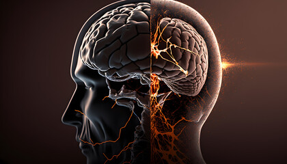 Disease dementia, memory loss. Human losing parts of head as symbol of decreased mind function alzheimer. Generation AI