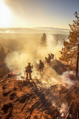 A group of firefighters working together to put out a forest fire. They are standing on a hill overlooking the fire, with smoke and flames visible in the distance - ai generative