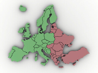 3D rendered map of Europe with bright green and red colors