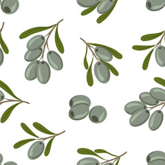 Naklejka premium Seamless pattern with green olive branches on white background. Hand drawn watercolor illustration.