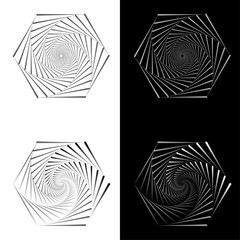 Hexagonal black and white lines spiral set vector illustration 