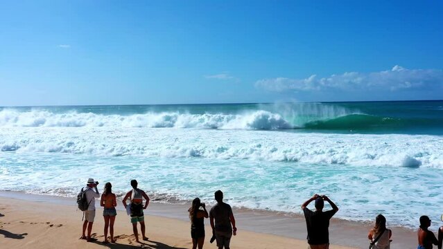 Aerial: Drone Forward Shot Of Tourists Watching Surfers Surfing In Wavy Sea On Sunny Day - Oahu, Hawaii