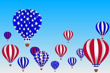 Obraz premium Hot air balloons stars and stripes background banner. Web advertising Celebration parade festival party decoration vector illustration. Copy space