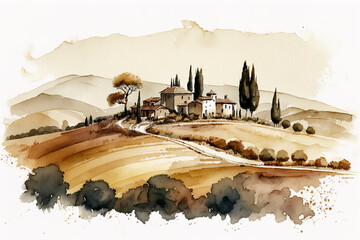 Simple painting watercolor of Tuscany, Italy landscape, Tuscany landscape with fields, meadows, cypress trees and houses on the hills, Italy landmark, Europe, generative ai - 599803072