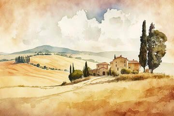 Simple painting watercolor of Tuscany, Italy landscape, Tuscany landscape with fields, meadows, cypress trees and houses on the hills, Italy landmark, Europe, generative ai - 599803078