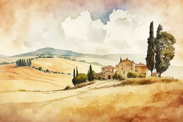 Küchenrückwand glas motiv Simple painting watercolor of Tuscany, Italy landscape, Tuscany landscape with fields, meadows, cypress trees and houses on the hills, Italy landmark, Europe, generative ai © Vladimir Sazonov