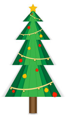 A green Christmas tree with stars on top and decorations around the tree is used for decoration.