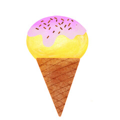 Yellow ice cream with chocolate chip and pink on top 