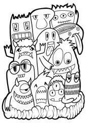 Hand-drawn illustrations, monsters doodle, Hand Drawn cartoon monster illustration,Cartoon crowd doodle hand-drawn Doodle style.black and white stripes coloring  book.