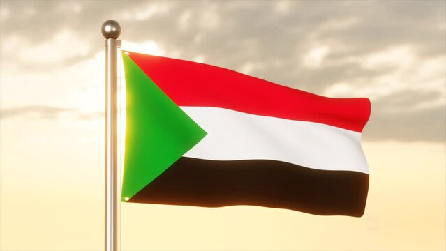 Sudan Flag blowing in the wind with sunset sky background, 4k 3D Animation Video