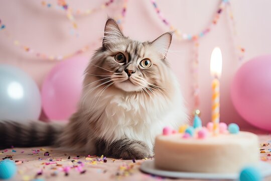 Cat's birthday party. A cat in a cap and balloons next to a cake with candles. Holiday with a pet, carnival, fun. Postcard, place for text. pastel colors, image generated by AI