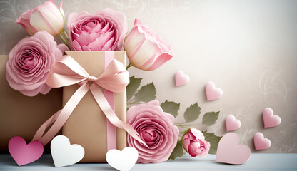 Valentine's Day background with pink roses, bow, and paper Hearts