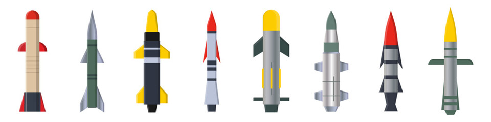 Military missile vector set. Collection of different combat rocket types. Ballistic missiles with nuclear warheads.