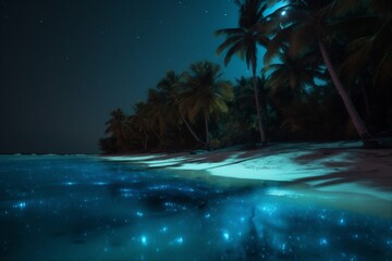 Fototapeta na wymiar night tropical paradise tree vacation beach luminous blue palm sky ocean. Generative AI.