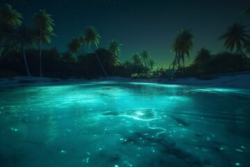 Obraz na płótnie Canvas blue ocean tree paradise vacation tropical palm beach luminous sky night. Generative AI.