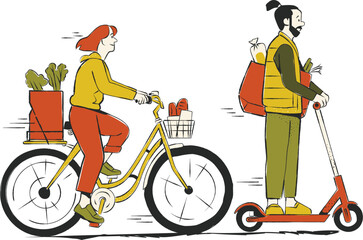 Vector illustration of two men women riding on scooter and shopping in supermarket