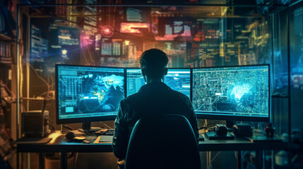 Man in front of a computer screen. Server room. Cybersecurity, Cyber awareness, Cyber training. Generative AI.