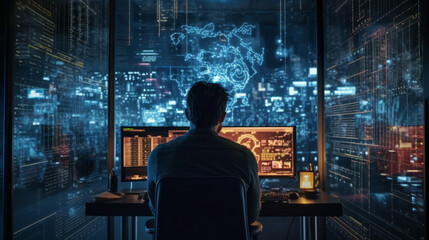 A man in front of a futuristic computer screen with a cityscape in the background. Cybersecurity, Cyber awareness, Cyber training. Generative AI.