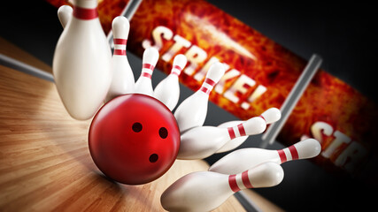 Bowling strike concept with rolling ball and pins. 3D illustration