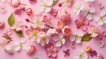 Obraz na płótnie Canvas flat lay photograph of flowers. pastel color concept. generative ai