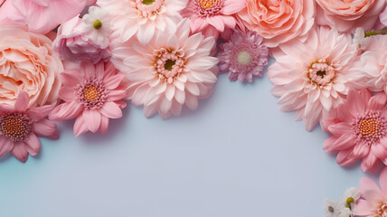 Fototapeta na wymiar flat lay photograph of flowers. pastel color concept. generative ai
