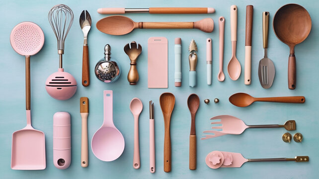 flat lay photograph of kitchen utensils. fresh concept. generative ai