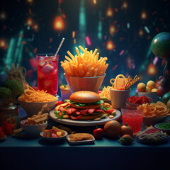 Fototapeta na wymiar fast food. burger, fries, cold drink. party. food at a party. tasty not healthy food. generated by AI