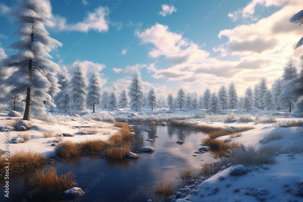 Aufkleber a winter landscape with a frozen pond and a blue sky with clouds. generative ai technology..
