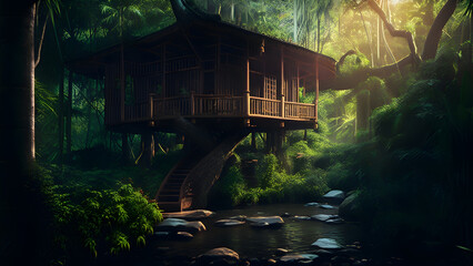 Secluded Treehouses in a Jungle Oasis Create With Generative AI Technology
