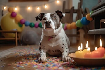 Dog's birthday party. A dog in a cap and balloons next to a cake with candles. Holiday with a pet, carnival, fun. Postcard, Space for text. pastel colors, image generated by AI