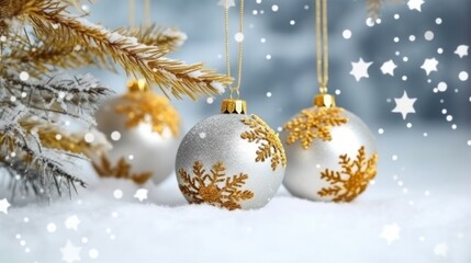 Christmas and New Year decor, Christmas balls, gold stars, snowy fir branches in snow background, Winter holiday greeting card. Generative AI.