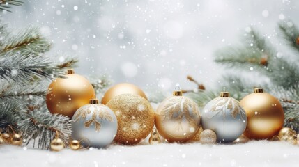 Fototapeta na wymiar Christmas and New Year decor, Christmas balls, gold stars, snowy fir branches in snow background, Winter holiday greeting card. Generative AI.
