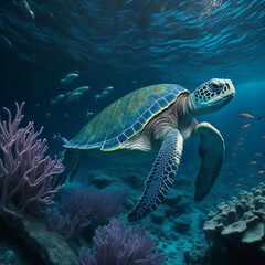 Obraz premium Hawaiian Green Sea Turtle (Chelonia mydas) in the Red Sea. AI generated.