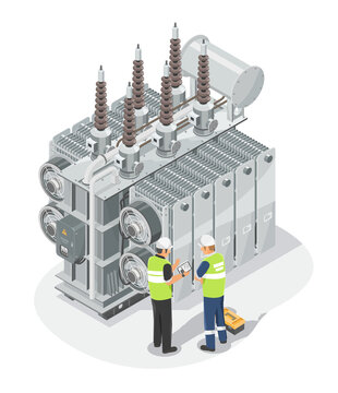 Industrial Power Transformer Electrical engineer working installation and maintenance Service power plant isometric concept cartoon isolated