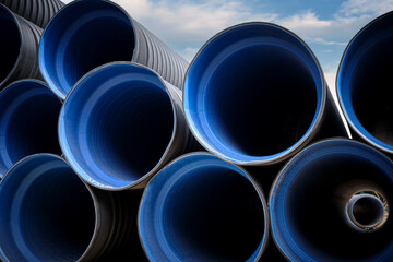 Close-up of large plastic corrugated pipes for water supply.