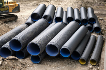 Aerial view of many large plastic corrugated pipes for water supply.