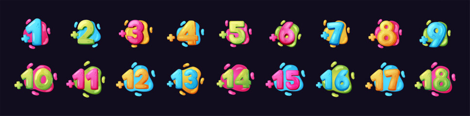Number sticker. Color bubble age stamps with plus for cute kids and teens. Children birthday party decor, content permission control. Colorful symbols. Vector typography recent background