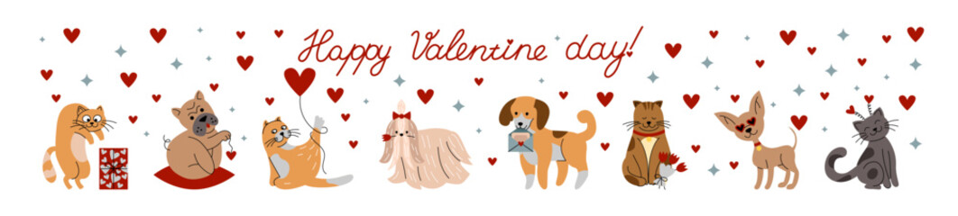 Fototapeta na wymiar Valentines Day pets. Cartoon cat and dog characters. Animals in love. Cute puppies. Red heart. Romantic couples. Sweet kittens. Holiday celebration. Greeting card. Vector tidy illustration