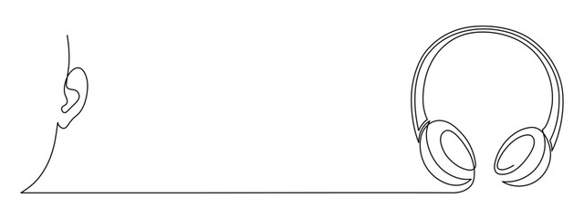 Headphones and ear one line art,hand drawn hearing device gadget continuous contour.Listening music wireless online concept,technology for audition songs and playlists template outline.Editable stroke