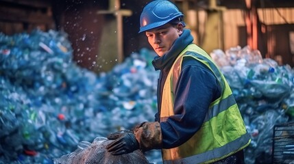 Fototapeta na wymiar The worker pushes plastic bottles with a shovel for recycling. Working at a recycling factory, Generative AI