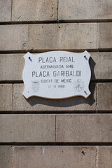 Sign of Placa Reial, Royal Square in the Barri Gòtic of Barcelona, Catalonia, Spain