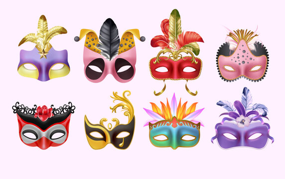 Venice carnival masks. Masquerade party. 3D performance costume. Realistic face for joker or ball. Theater or fashion show. Theatrical disguise. Venetian parade. Vector exact image set