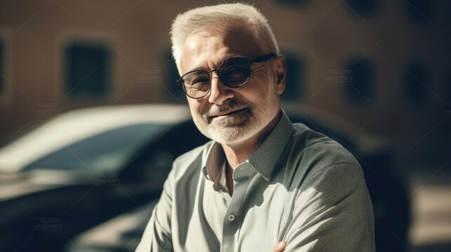 Rich old man smiling in front of super car with blur background. Generative AI AIG20.
