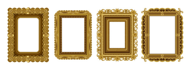 Vintage gold frame, realistic square picture. Royal antique decoration for photo, old golden borders, luxury thai or rococo ornate. Museum exhibition, retro framework vector exact isolated design
