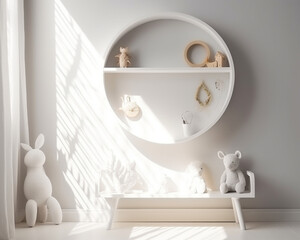 white wall with a white shelf with toys in the children's room. a shelf with toys. white shelf children room
generated by AI