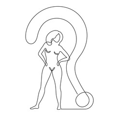 Woman with question mark,one line art,hand drawn asking sign continuous contour,idea continuous contour,minimalist design.Query FAQ concept,finding answer.Editable stroke.Isolated.Vector illustration