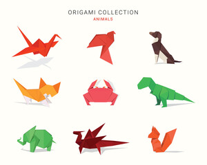 Set of origami paper animals. Crane, Bird, Dog, Cat, Crab, Dinosaur, Elephant, Dragon, Squirrel.